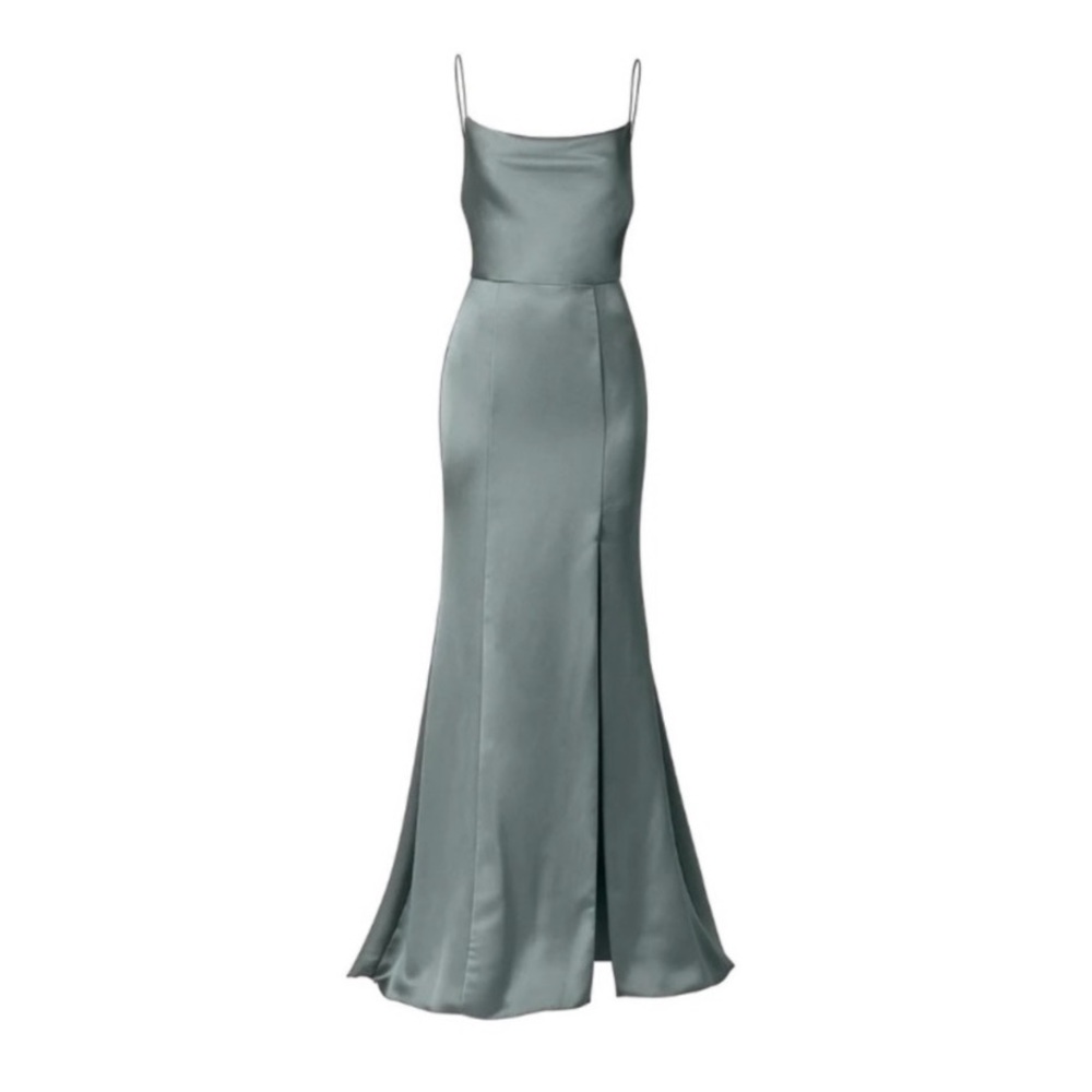 Amsale Bridesmaid Dress Cowl Neck Leg Slit Fluid Satin Gown Jade Green 4